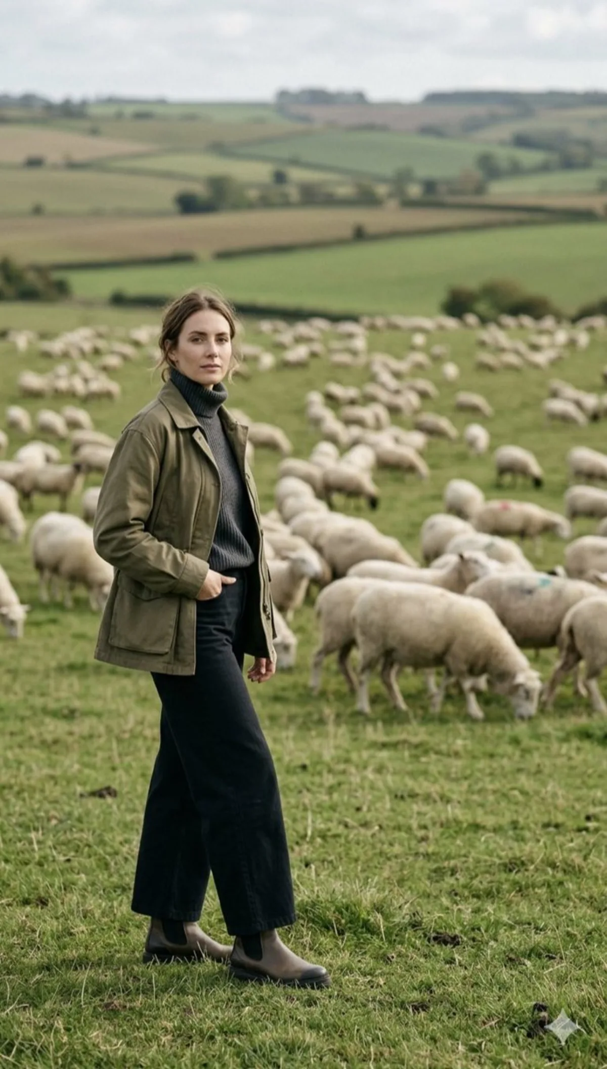 Curated Woman in Pasture with Sheep