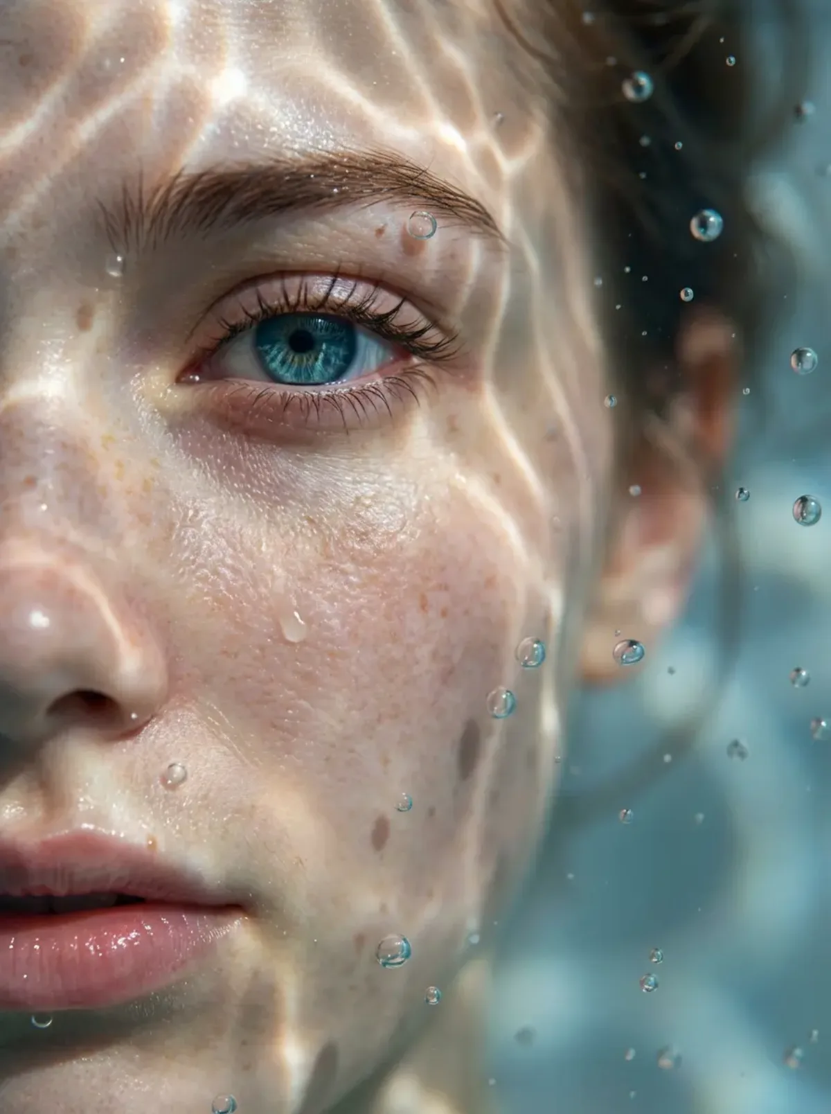 Hyper-realistic underwater portrait, left half of face - Premium Style