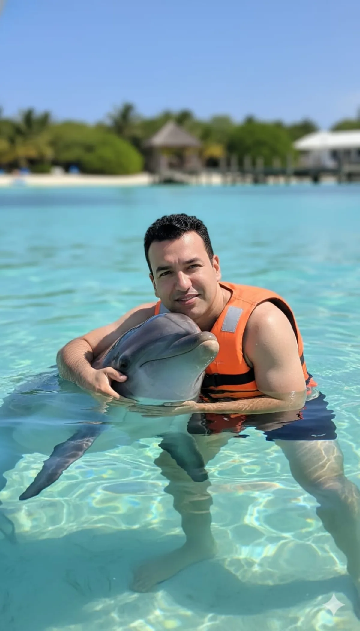 编辑级视角下的碧绿海水中人与海豚
