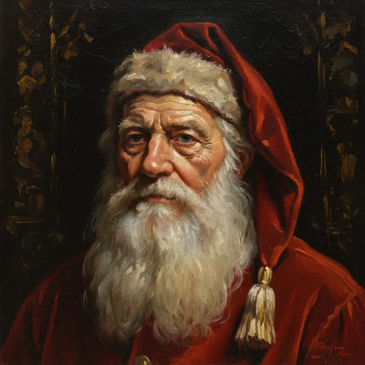 Old Santa Claus Portrait, Classical Oil Painting Style: A Stylized Take