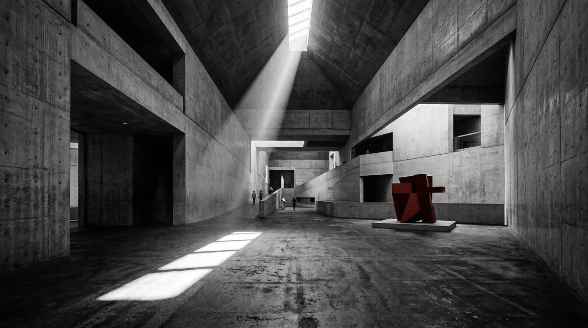Brutalist Concrete Museum Interior with Accent Sculpture