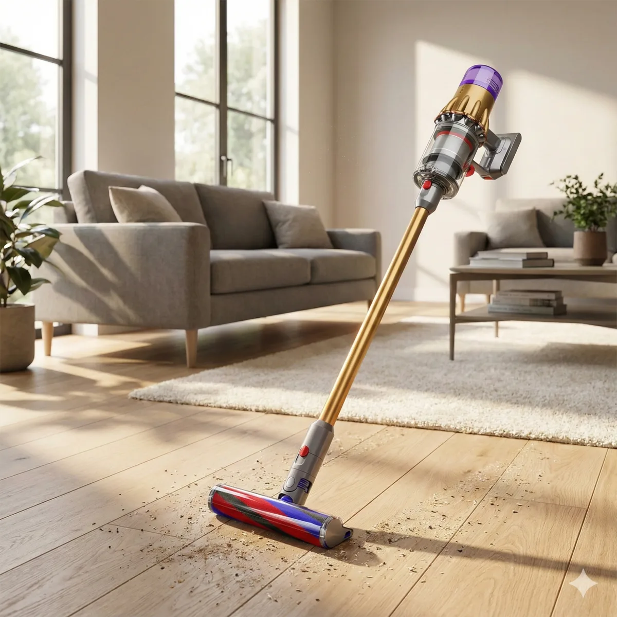 Generate an application scene for this vacuum cleaner, showing it vacuuming the
