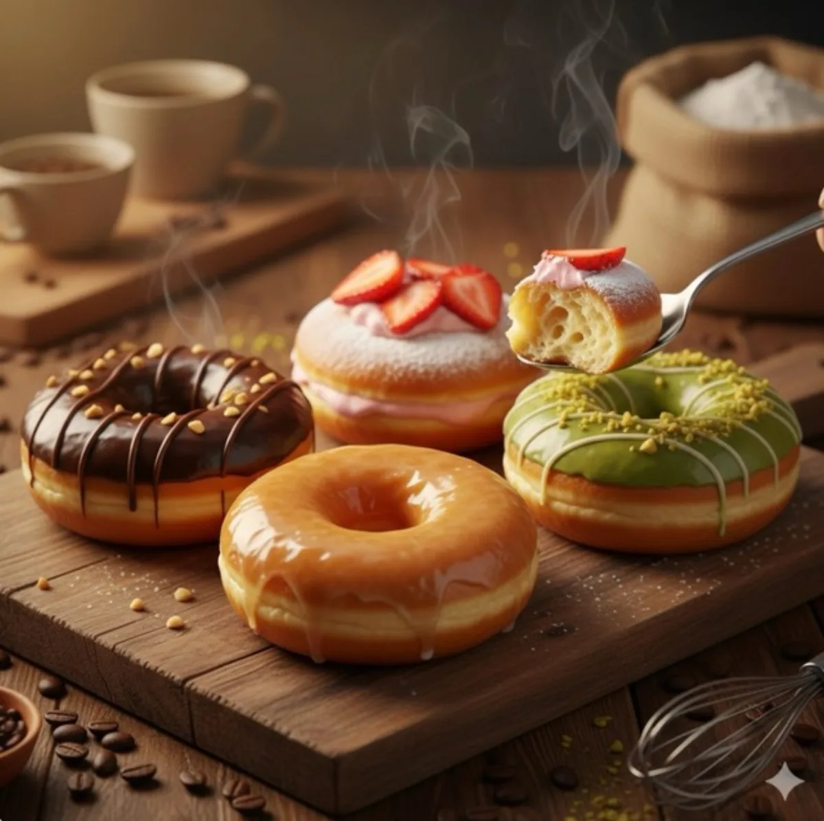 Gourmet Donuts on Rustic Wooden Board, Close-Up