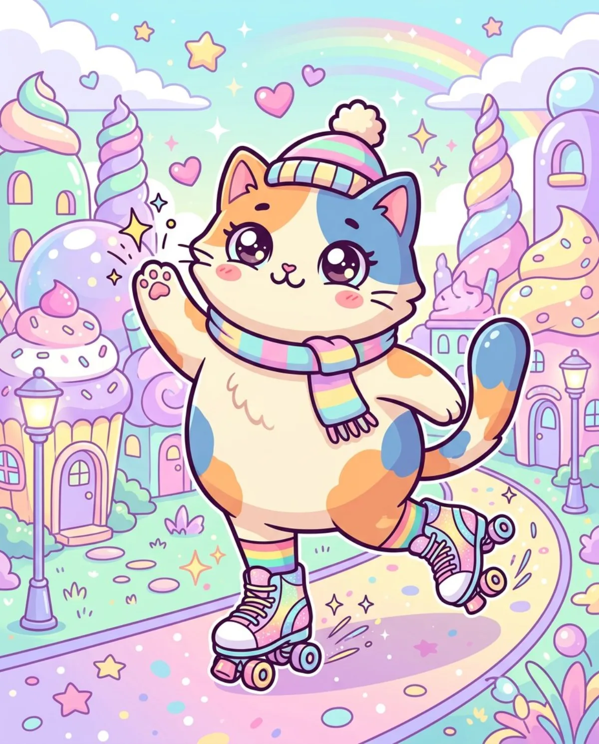 Roller Skating Cat in Pop Surreal Kawaii Style - Curated Style