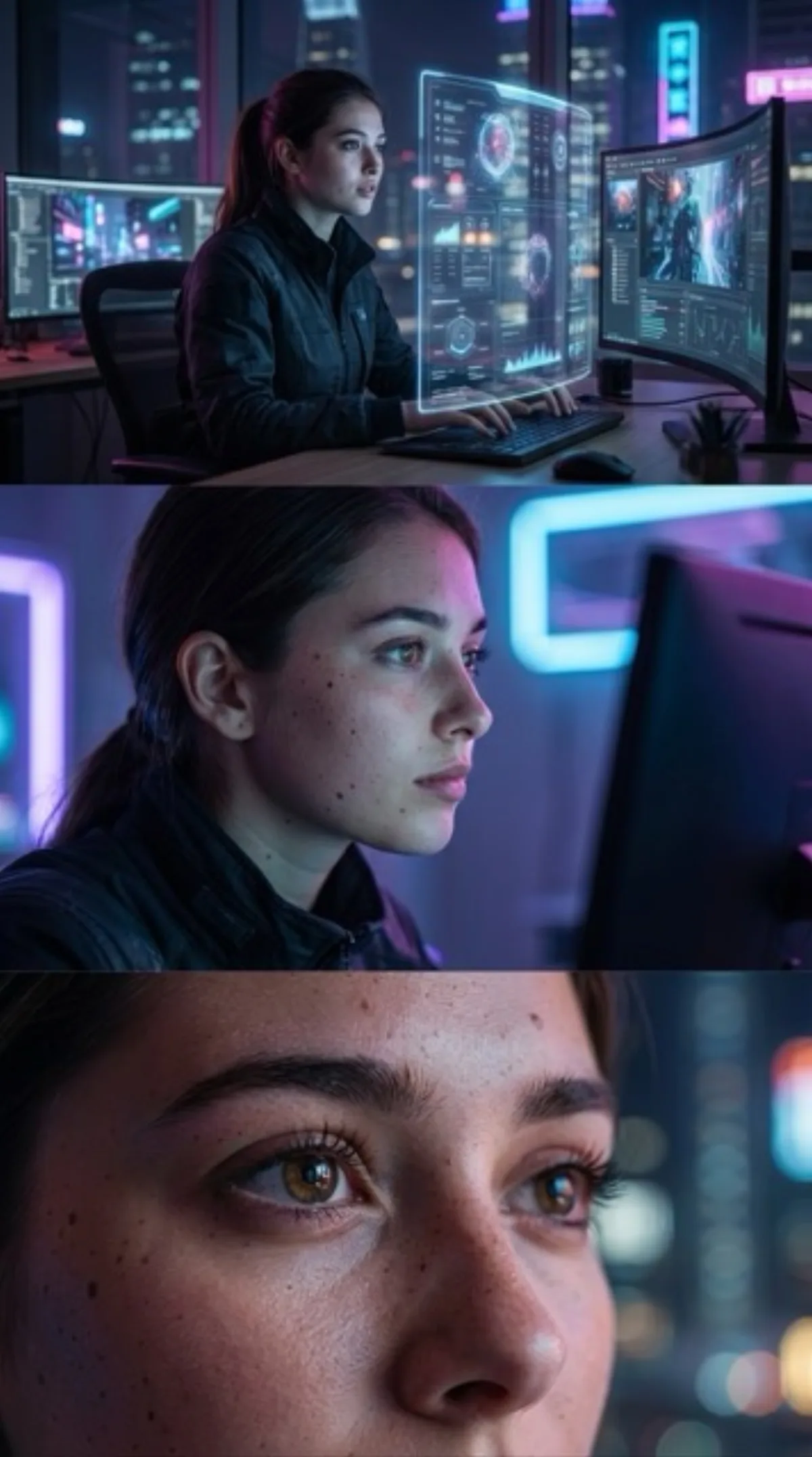Cinematic Triptych Portrait in Cyberpunk Workspace