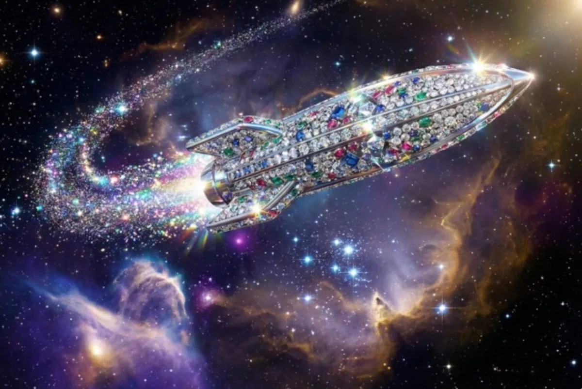 Crafted Gemstone Rocket Ship in Deep Space