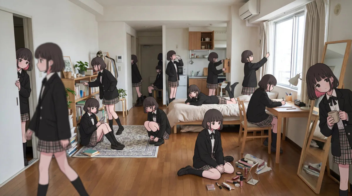 Cozy Tokyo Apartment With Multiple Identical Characters - Curated Style