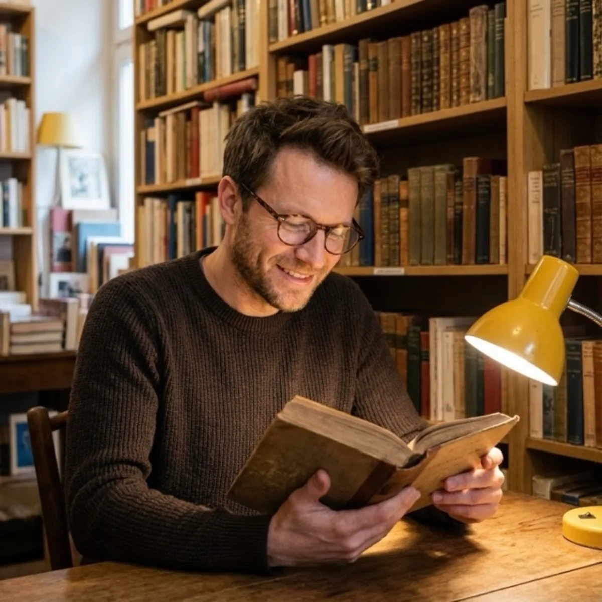 Modern Person Reading in Vintage Bookstore