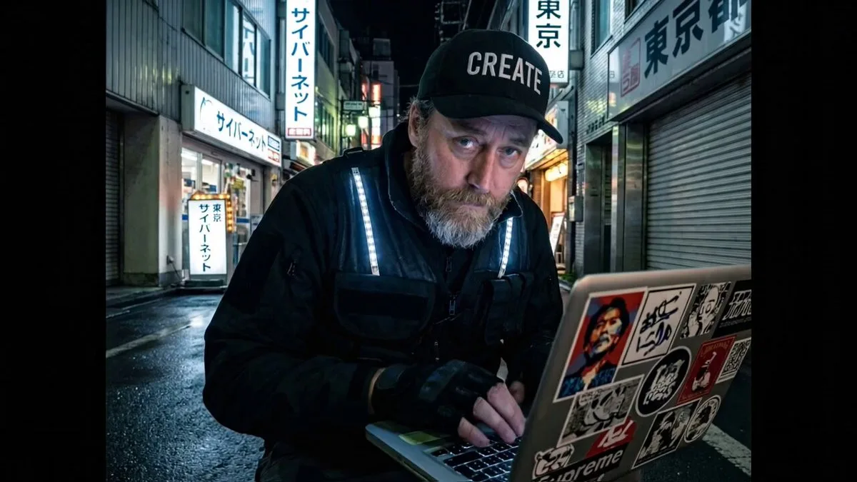 Cyberpunk hacker in Tokyo at night (with hat text)