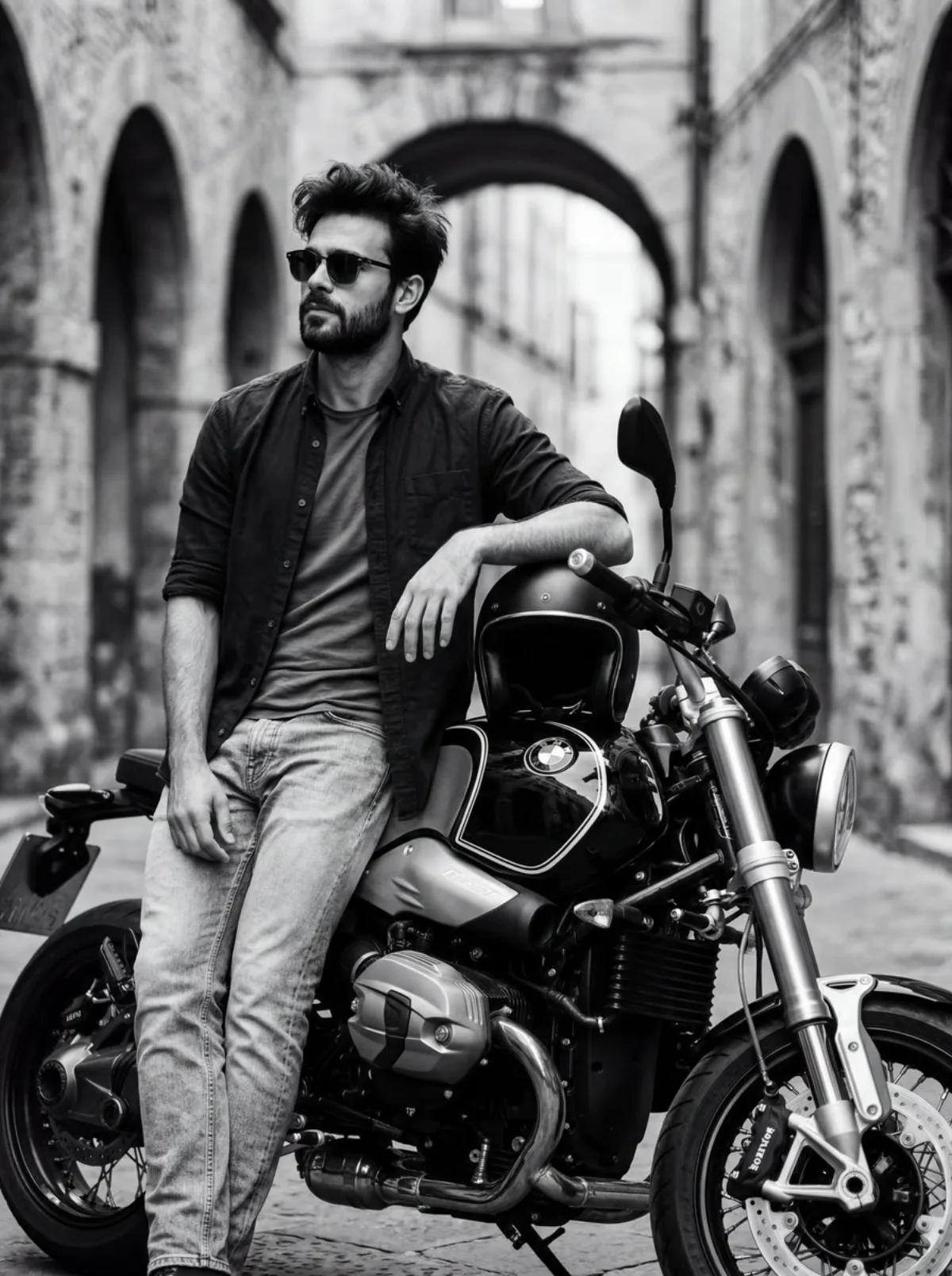 Cinematic Portrait of Man with Motorcycle
