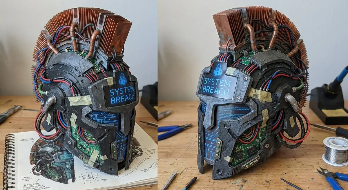 Interpretation of a 3D printed Corinthian netrunner helmet