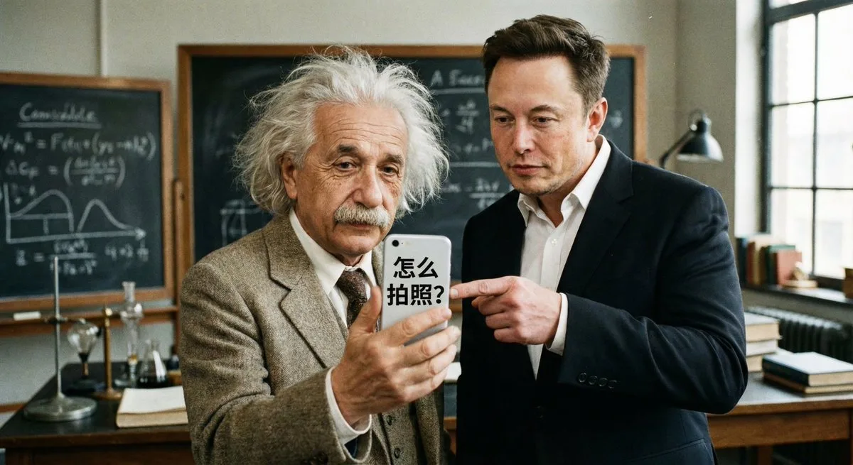 Elon Musk teaching Einstein to take a selfie (Editorial)