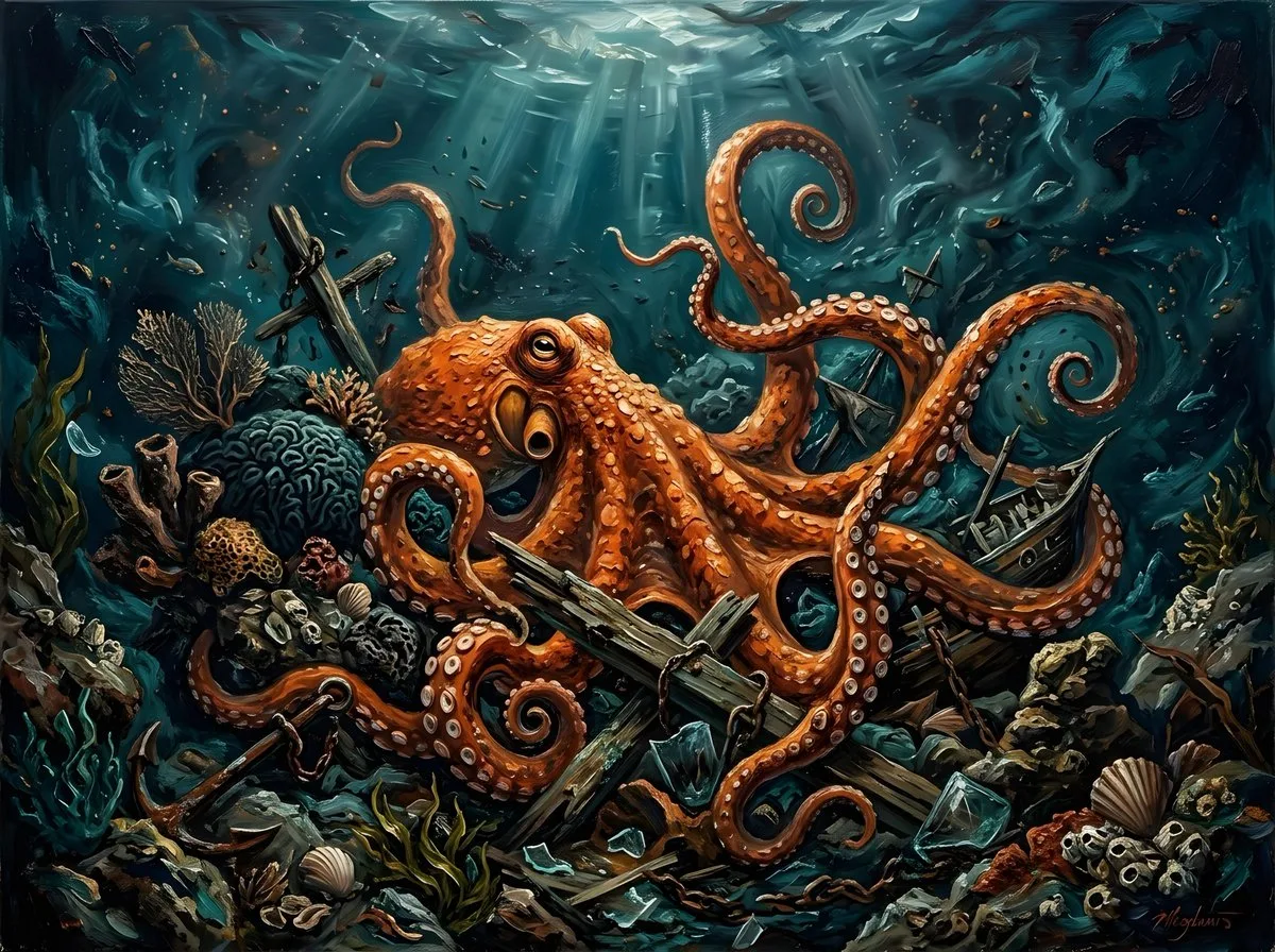 水下场景：鲜艳橙色章鱼油画