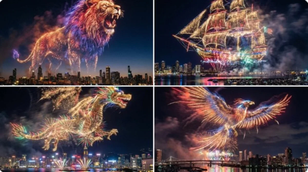 水岸城市上空的烟花剪影：主图诠释