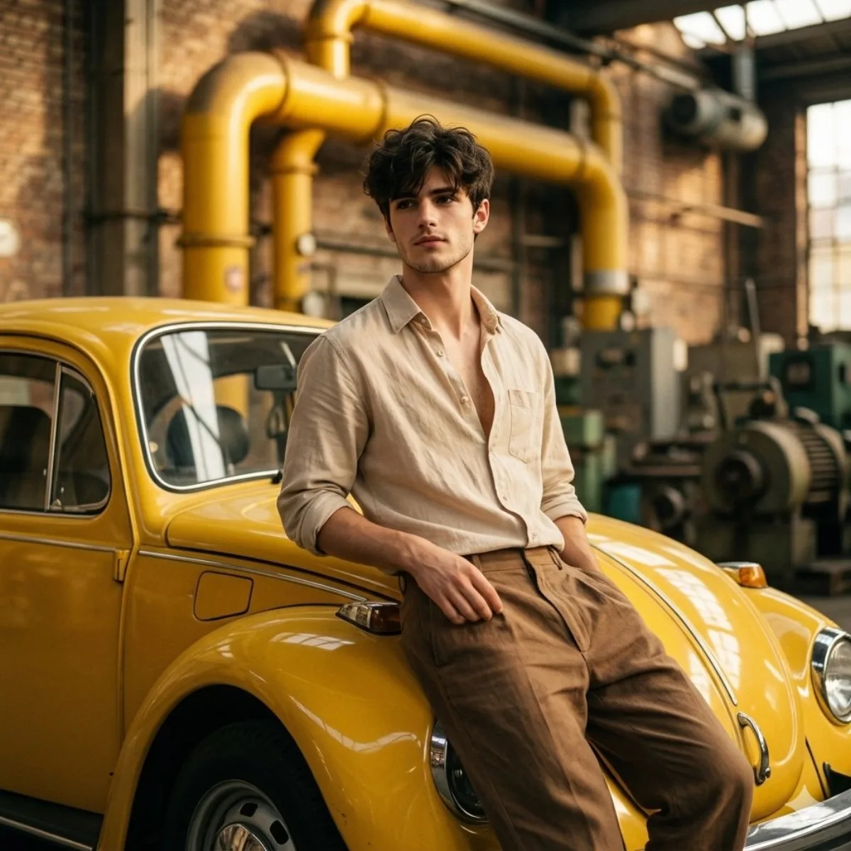 Hero Man in beige shirt leaning on vintage car