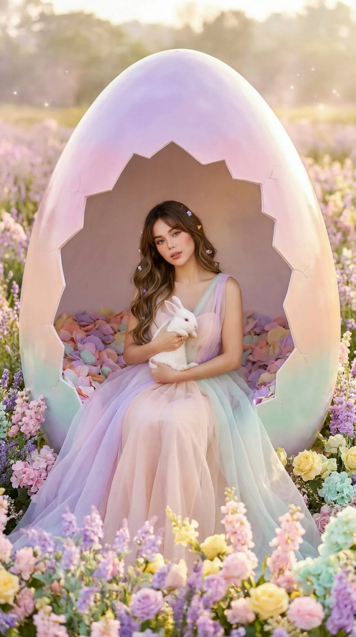Dreamy Easter Egg Portrait with Pastel Flowers (Refined)