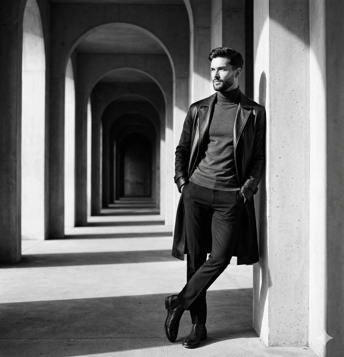 Cinematic Black and White Editorial Portrait in Colonnade (Crafted)