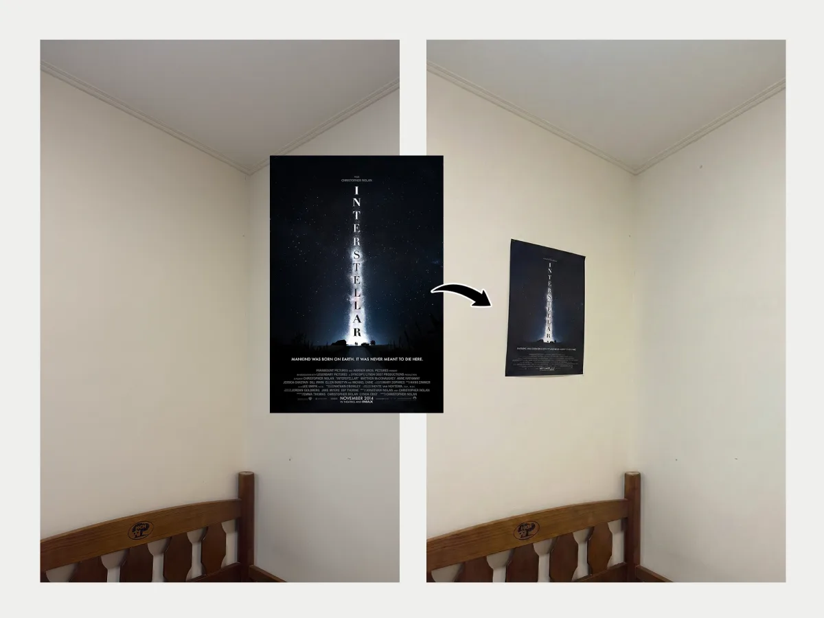 Please paste the uploaded poster image onto the left wall of the uploaded room p
