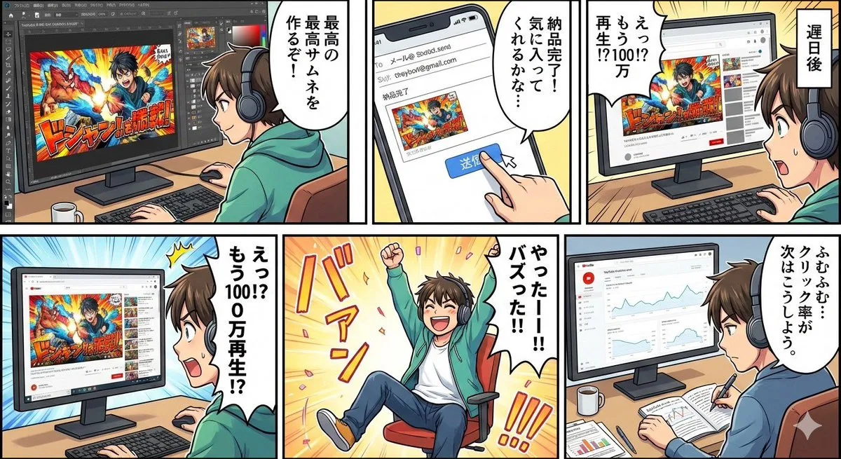 Five-panel manga of YouTube thumbnail creator workflow