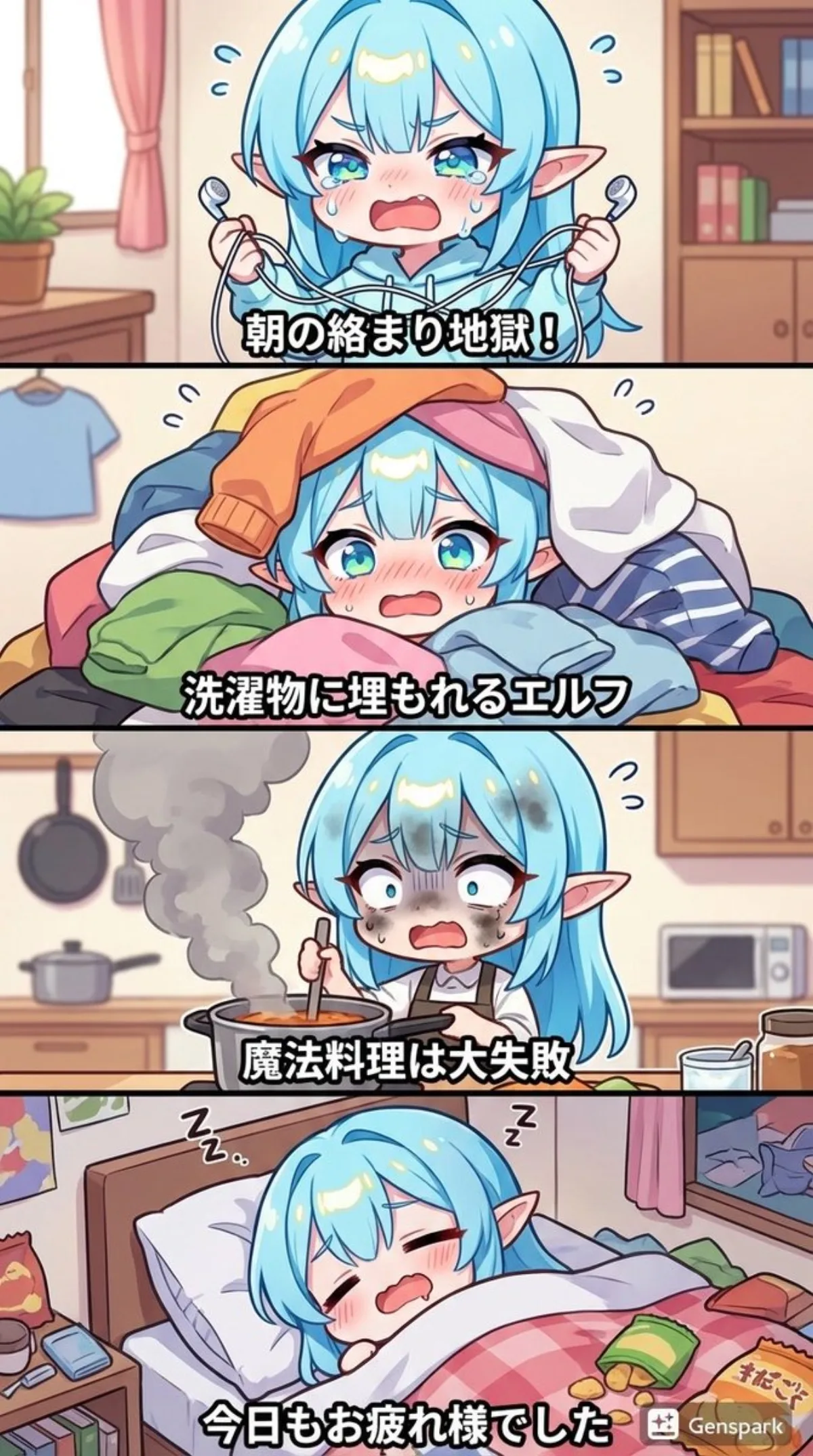 Title-like prompt for clumsy elf’s day 4-koma