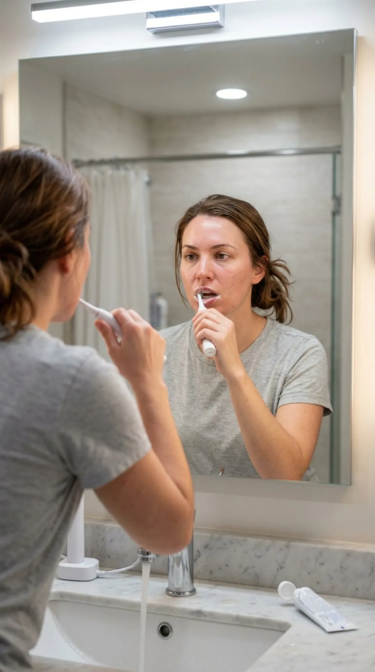 Refined Photorealistic Bathroom Mirror Scene: Brushing Teeth
