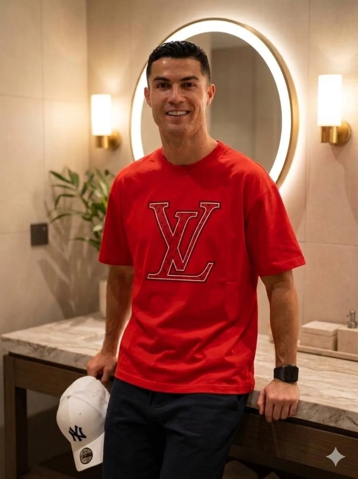 Luxury Bathroom Portrait with Red Designer T-Shirt
