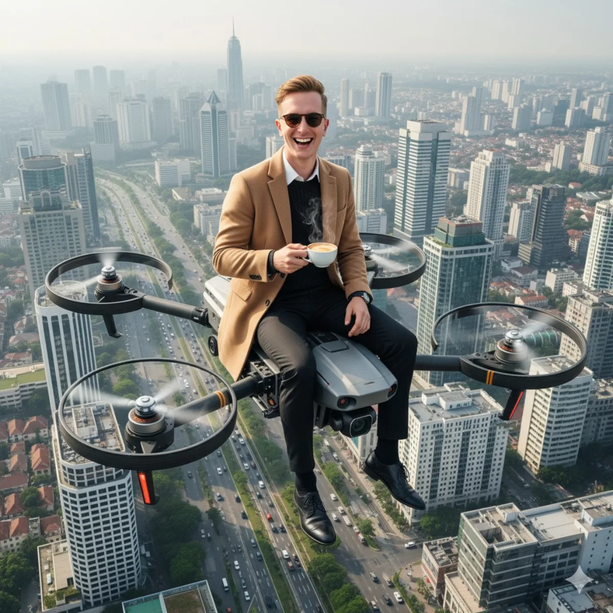 Joyful Coffee Moment on a Flying Drone: A Stylized Take