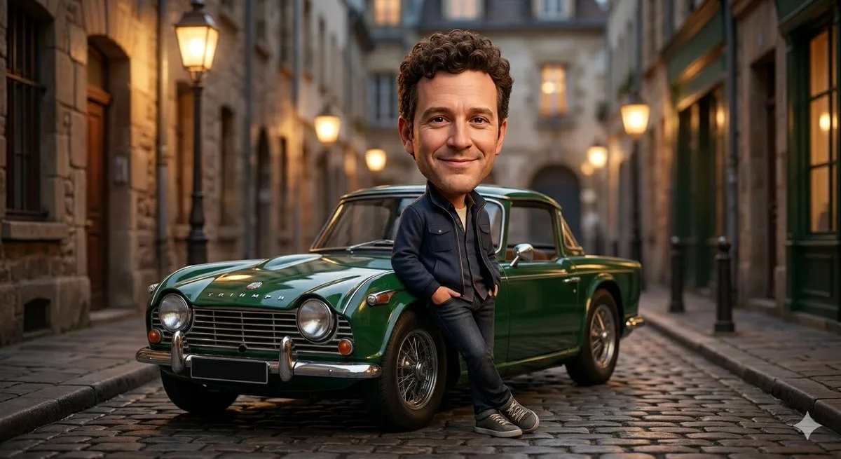 Modern Stylized Caricature with Classic Cars in European Alley