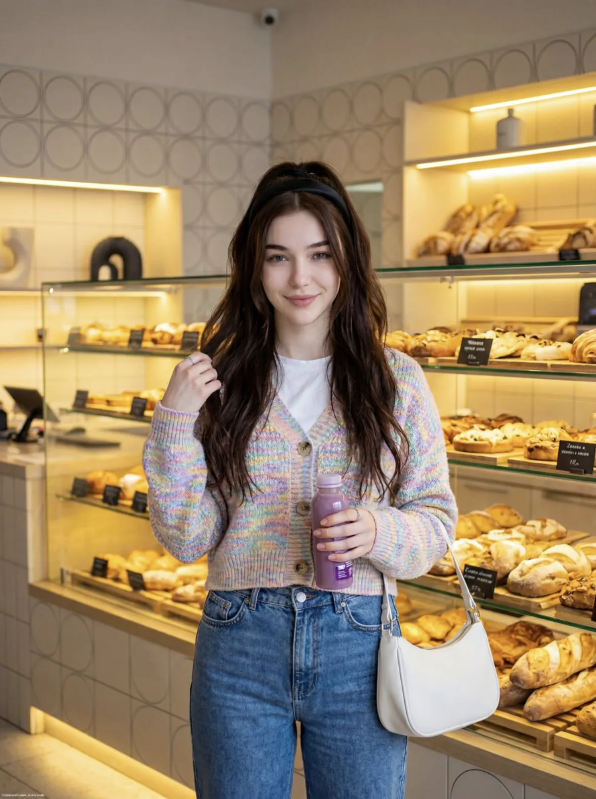 Young Woman Posing in a Modern Bakery Shop (Studio-Grade)