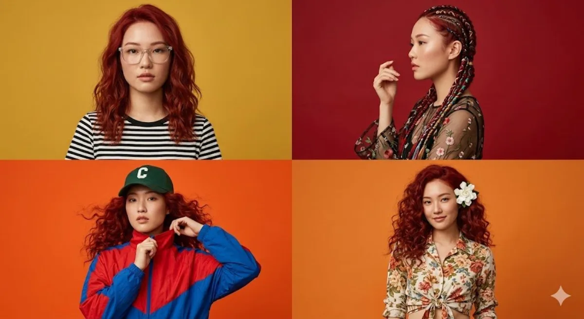 Editorial Four-Panel Fashion Collage with Red-Haired Woman