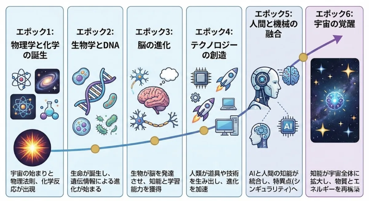 Diagram explaining Kurzweil's six epochs