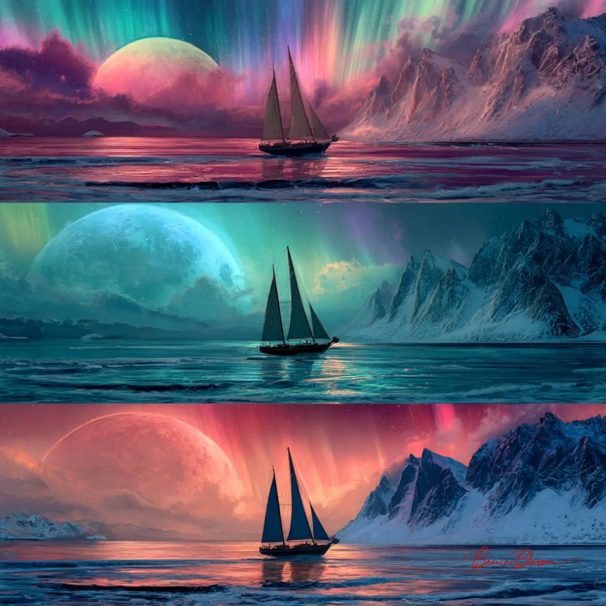 Three Fantasy Sailing Ships at Sea (Editorial)
