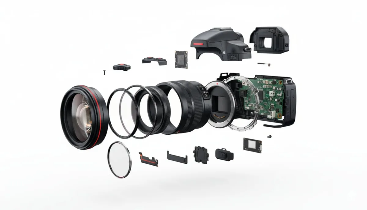 Exploded View Of A Dslr With Red Accents