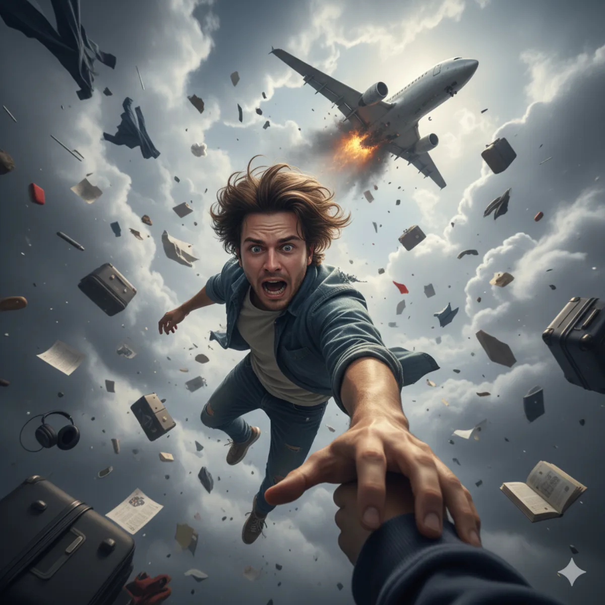 Person Falling from Exploding Plane (Curated)