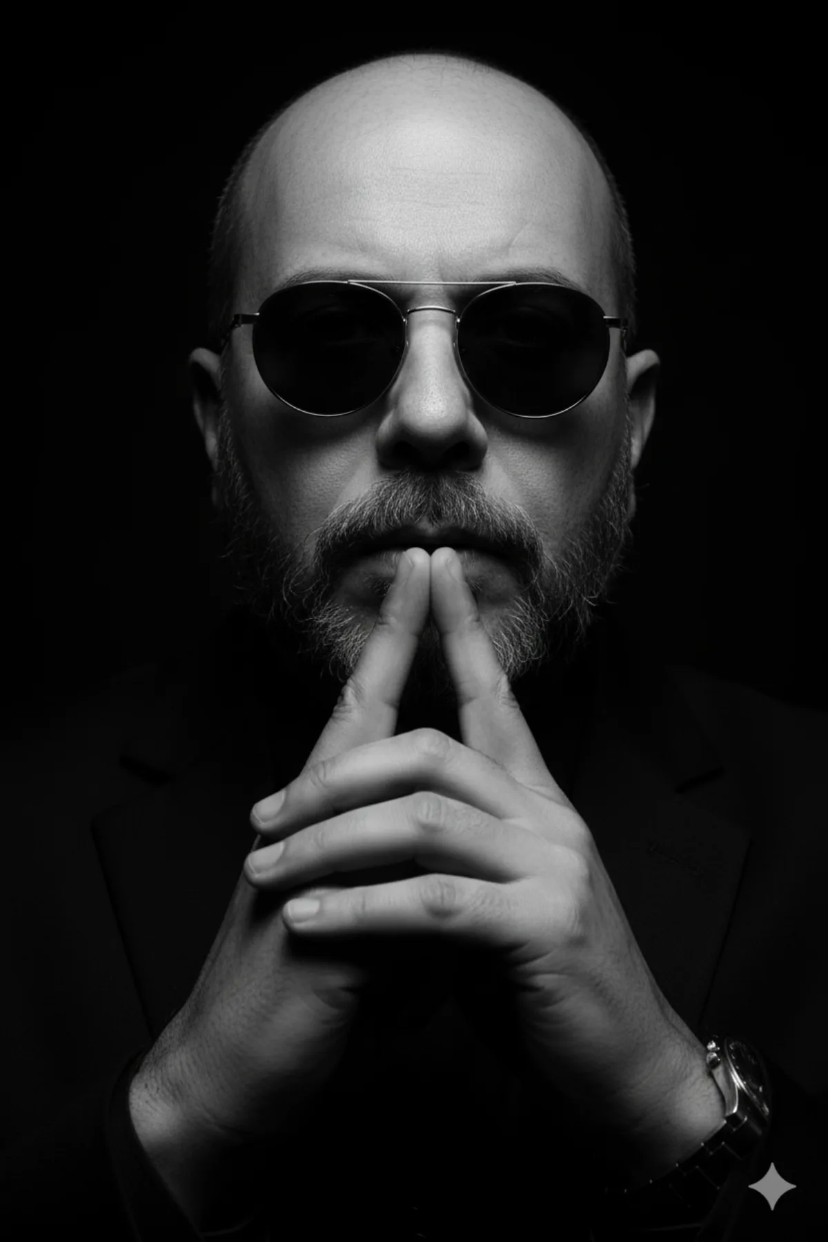 Dramatic Black and White Portrait with Reflective Sunglasses (Modern)