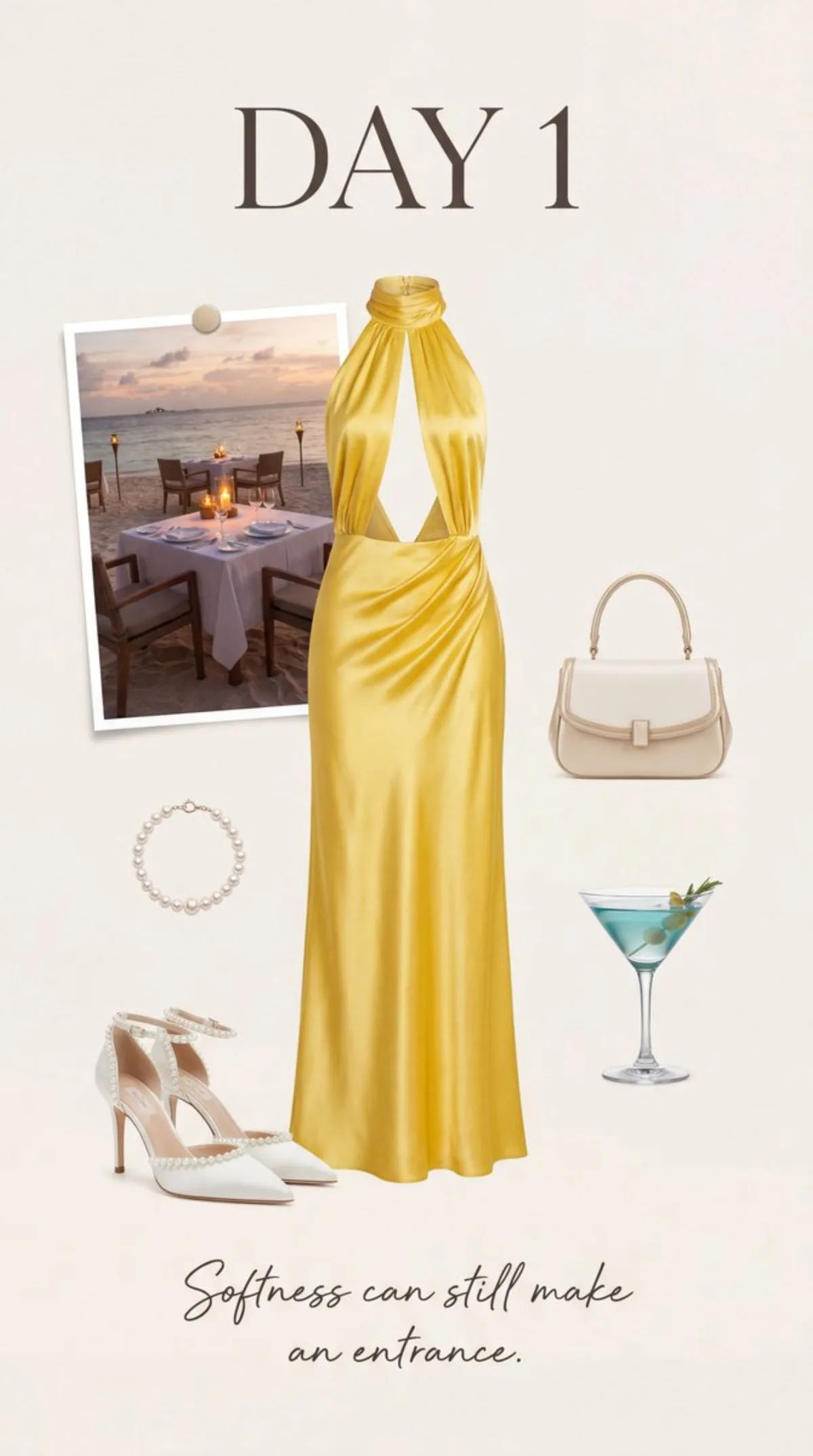 Luxury Fashion Moodboard: Yellow Halter Satin Dress (Hero)
