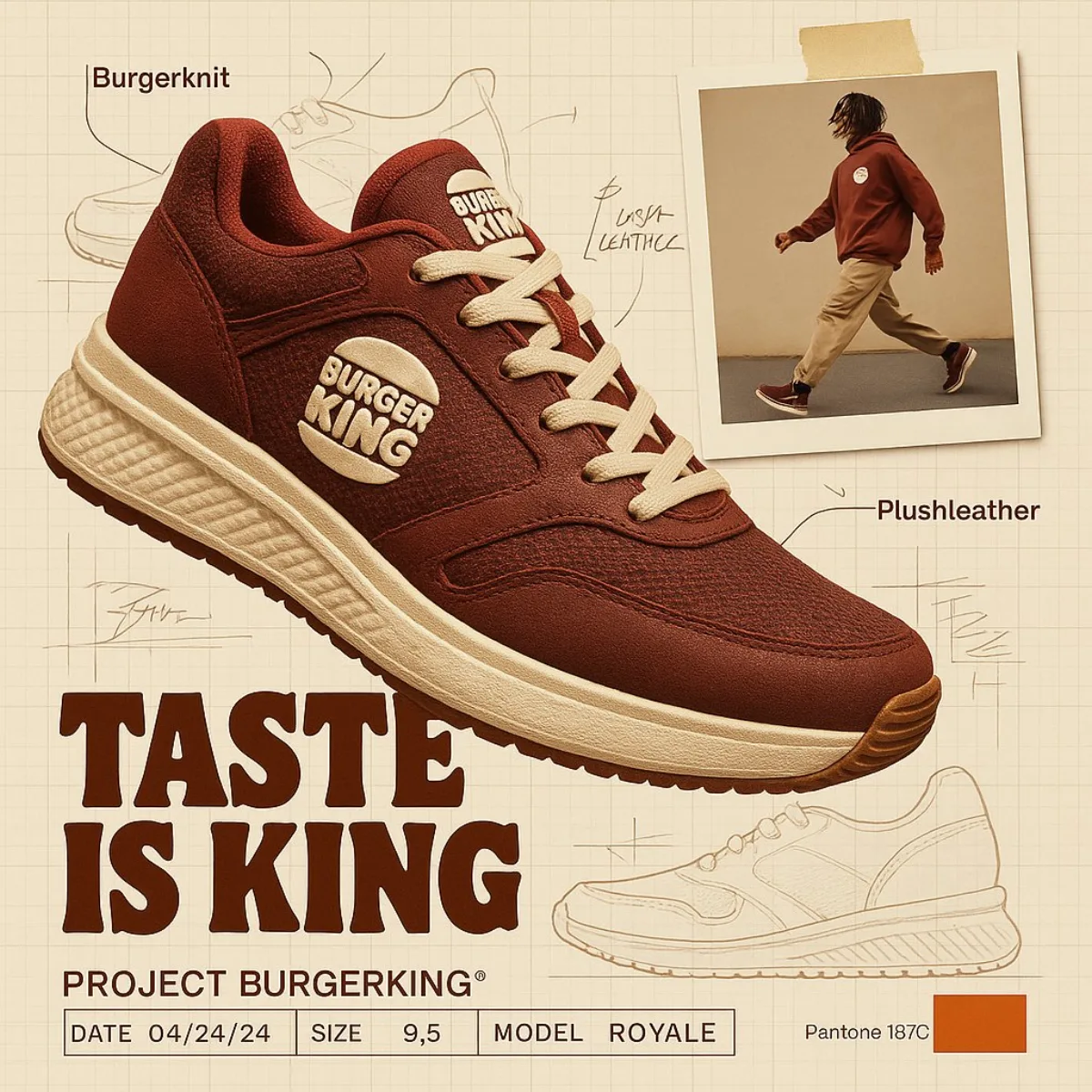 Studio-Grade Branded Footwear Ad with Technical Sketches