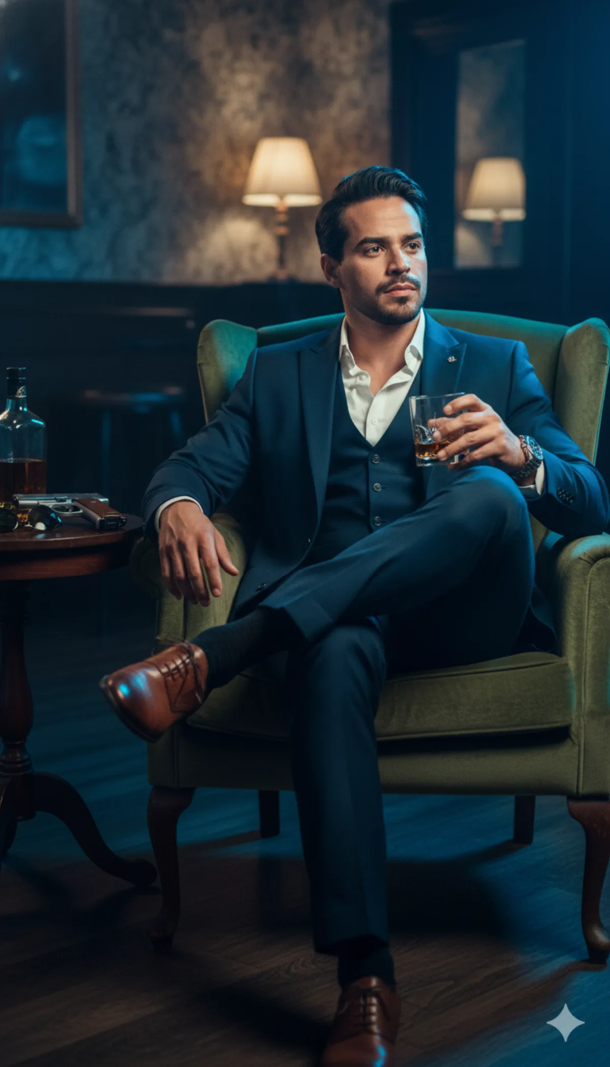 Cinematic Portrait in 70s Lounge with Whiskey and Gun (Studio-Grade)