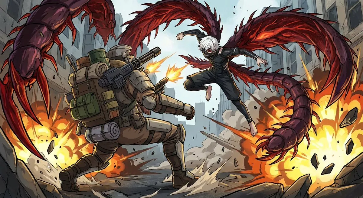 Anime battle between Kaneki Ken and the Cart Titan