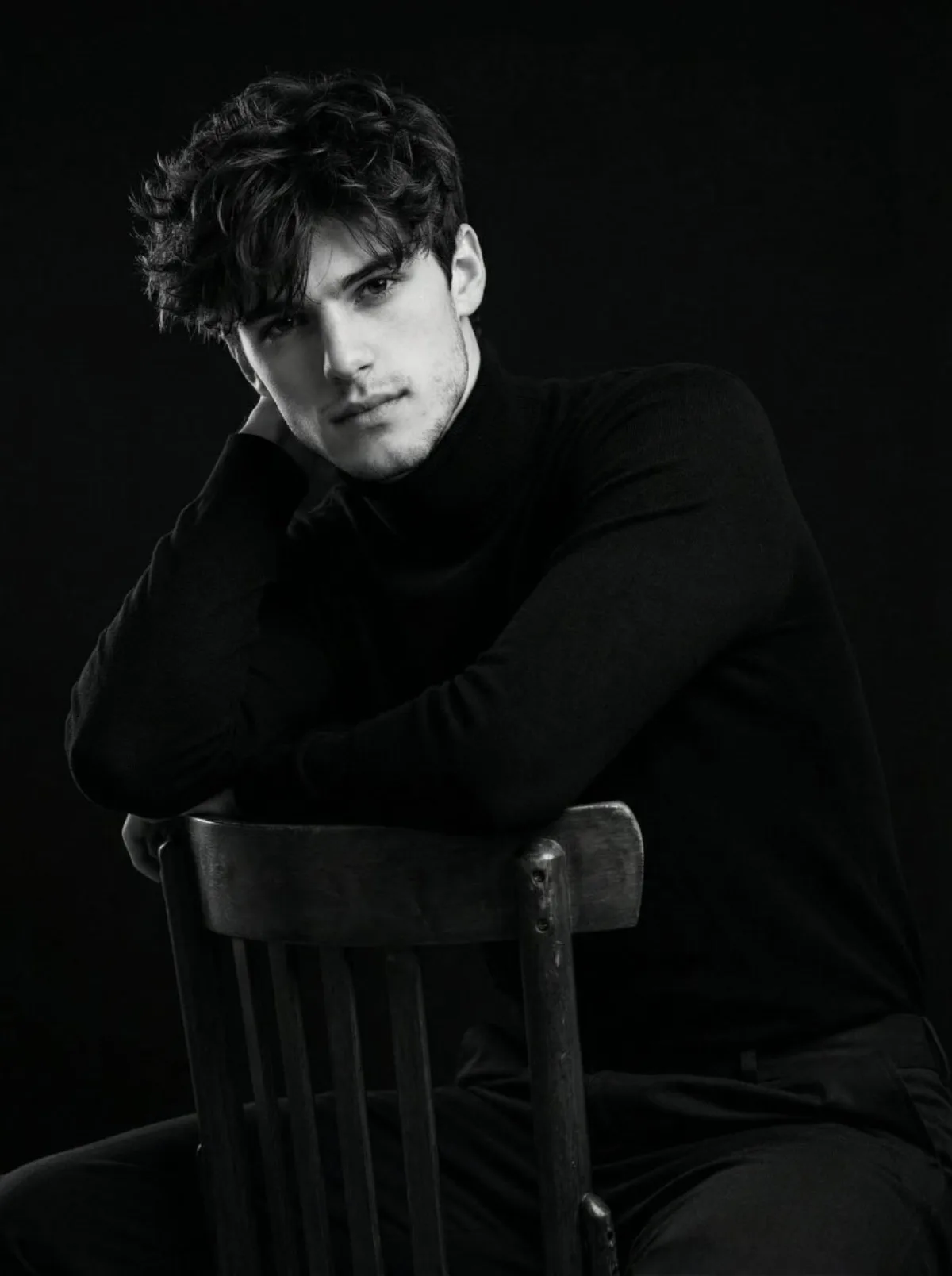 Ultra-realistic studio portrait, low-angle, black-and-white