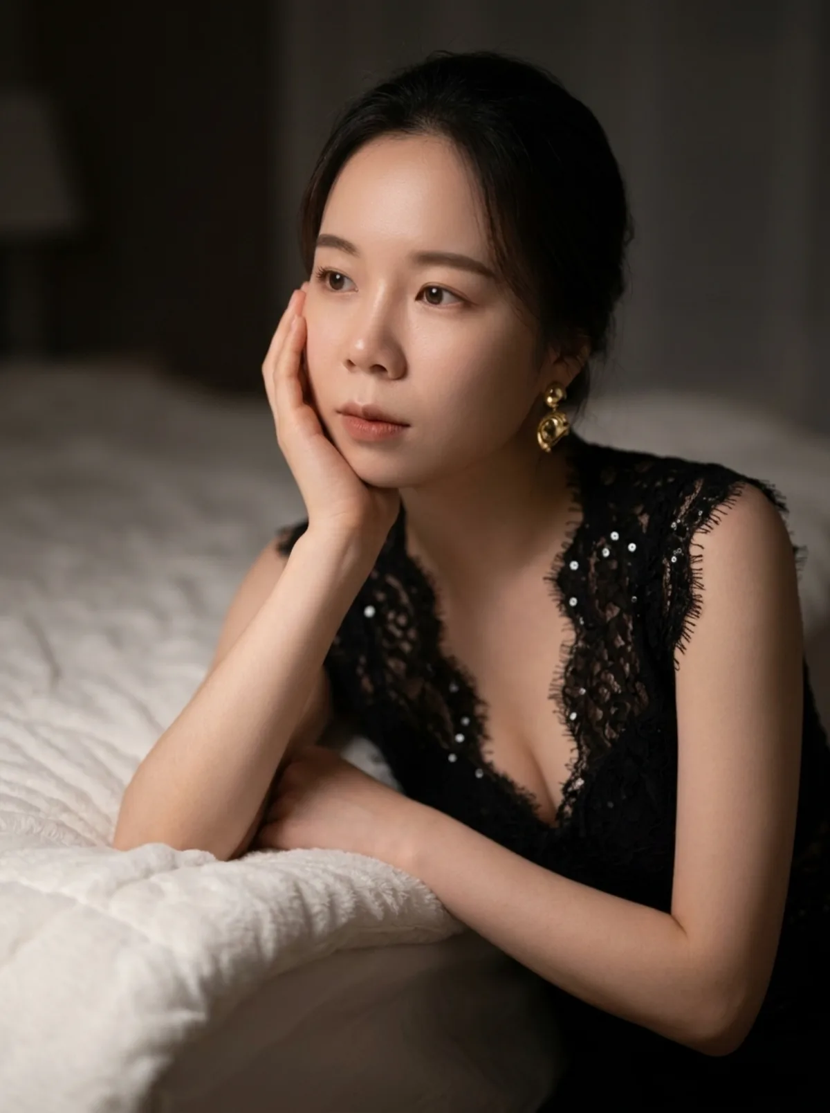 Modern Elegant East Asian Woman in Lace Top, Moody Bedroom
