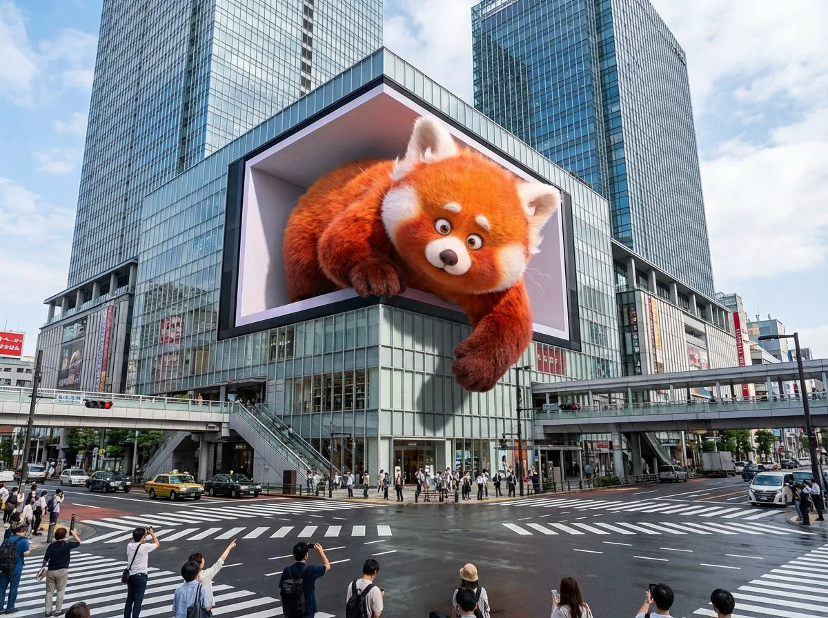 Naked-Eye 3D Panda Leaping from City Screen (Hero)