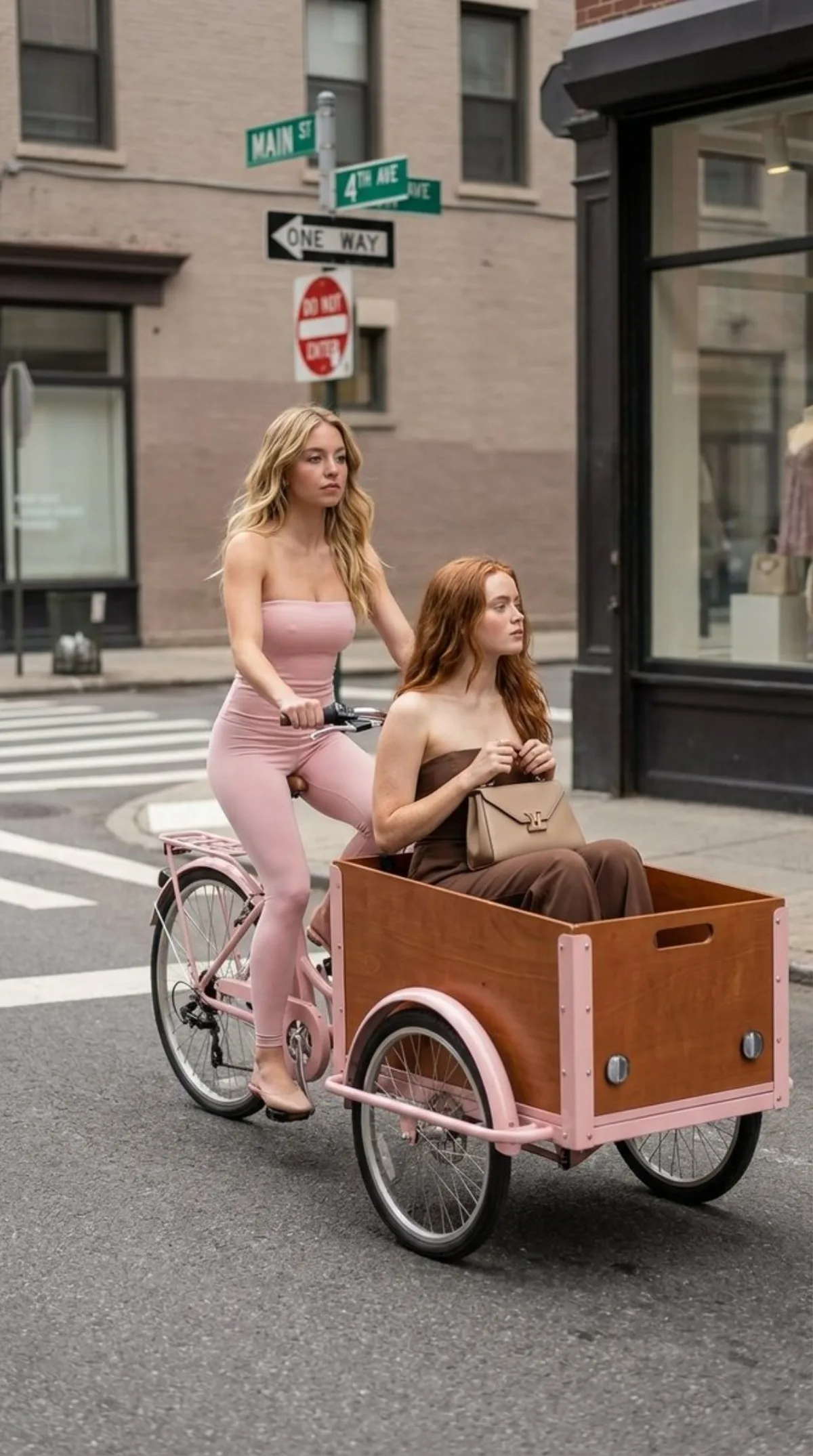 Two Stylish Women on Pastel Pink Bicycle in City (Curated)