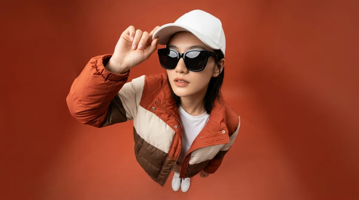 Fisheye Portrait with Color-Block Puffer Jacket - Refined Style