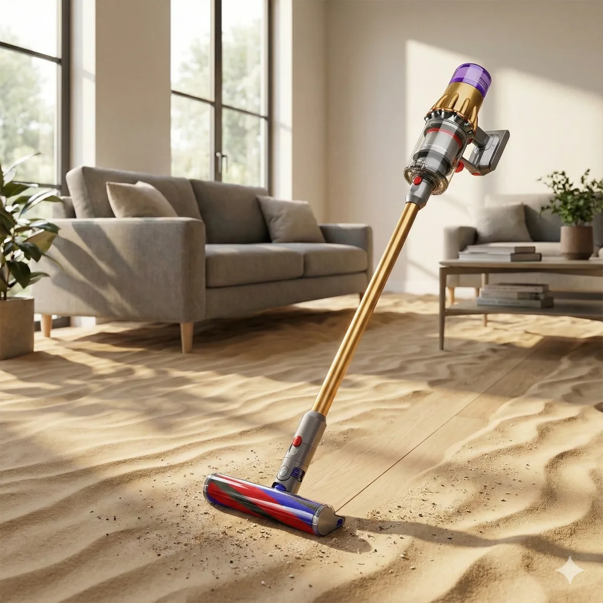Change the living room floor to look like a desert, covered in sand, with only t