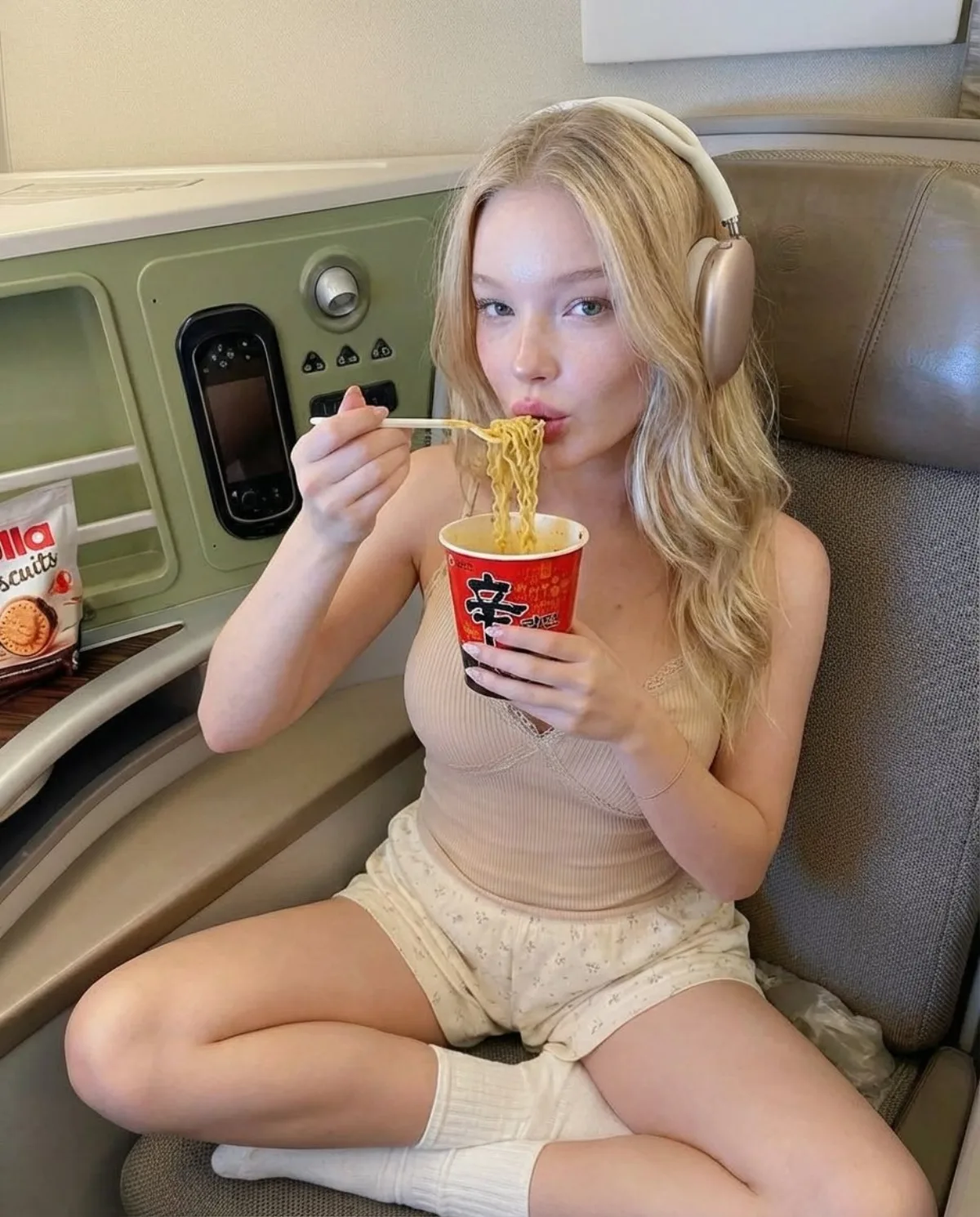Woman Eating Noodles in Premium Travel Cabin - Editorial Style