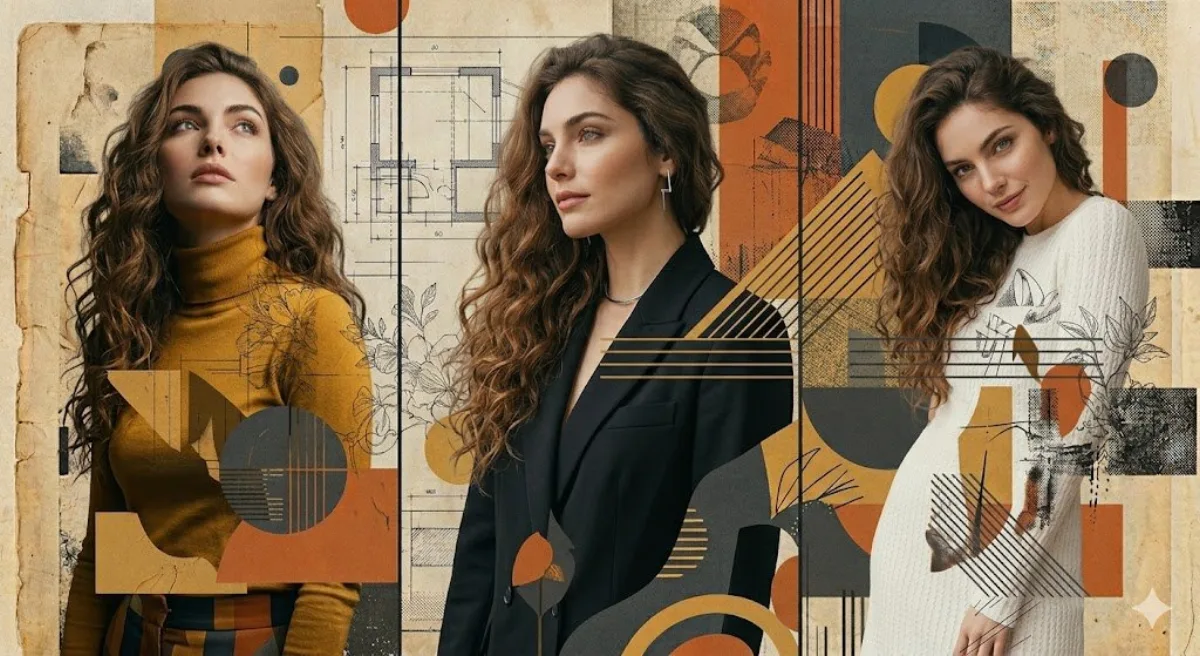 Three-Panel Portrait with Abstract Mixed-Media Collage