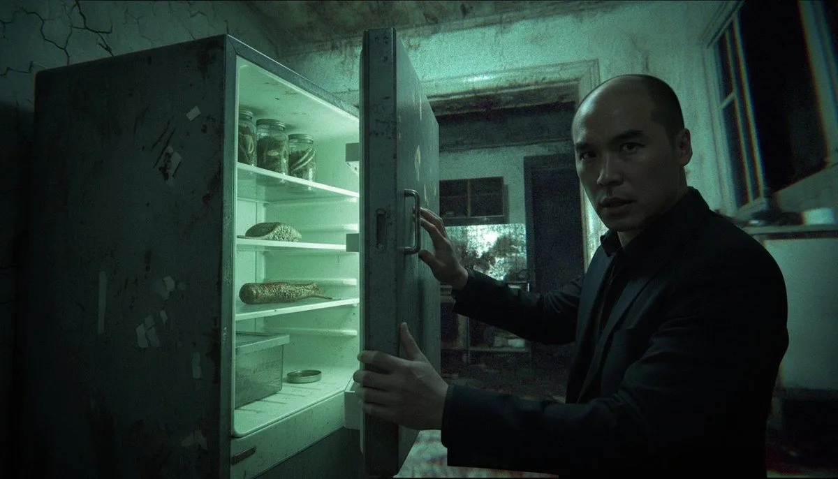 Cinematic horror film sequence of a man discovering a monster (Hero)