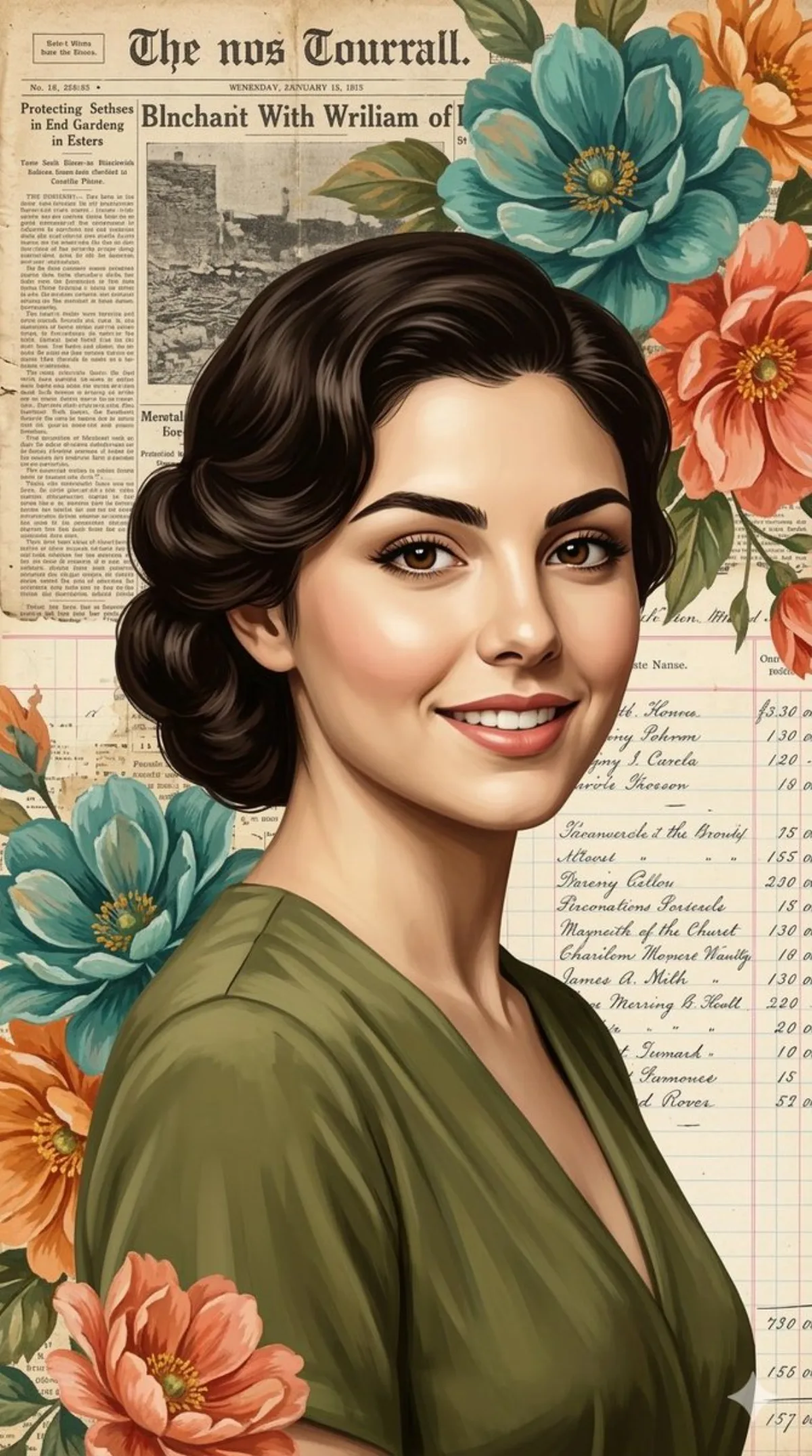 Vintage Realism Collage Portrait with Floral Blooms: A Hero Take