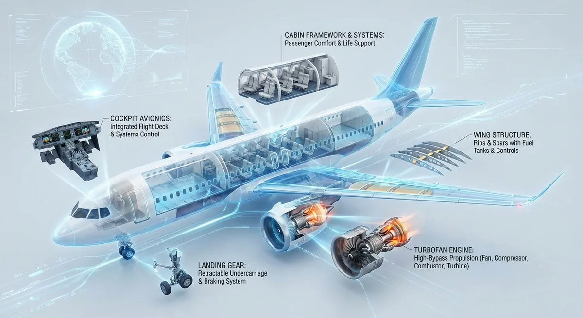 3D cutaway infographic of jet airliner